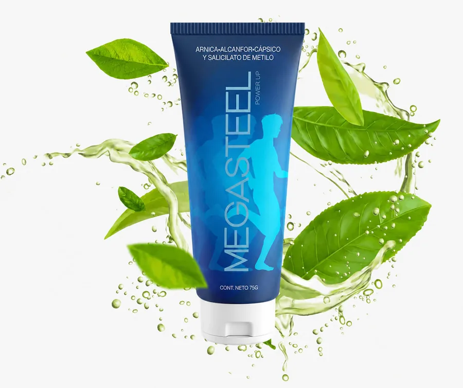 Pomo de MegaSteel de 75 g rodeado de hojas verdes y agua